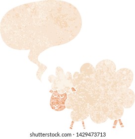 cartoon sheep with speech bubble in grunge distressed retro textured style