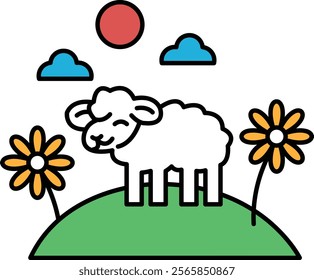 A cartoon sheep is standing on a hill with a sun in the background. The sheep is smiling and he is enjoying the sunny day