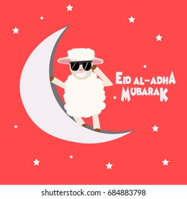 cartoon sheep with text Eid-Al-Adha on pink background