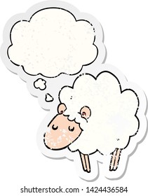 cartoon sheep with thought bubble as a distressed worn sticker
