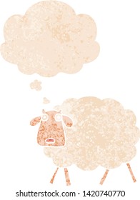caricatura de ovejas con burbuja de pensamiento en un estilo retro angustiado con textura grunge