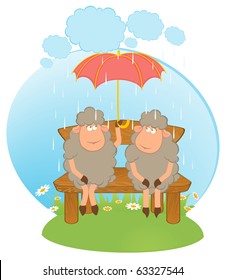 Cartoon sheep with umbrella. Vector.