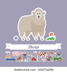 Cartoon sheep vector flat illustration. Funny isolated ewe. Farming collection village stickers.