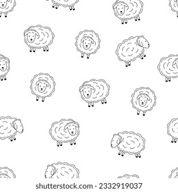 Cartoon sheep wallpaper. Seamless pattern of sheep drawings. Background for printing.