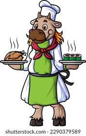 a cartoon sheep working as a chef, carrying two plates of food of illustration