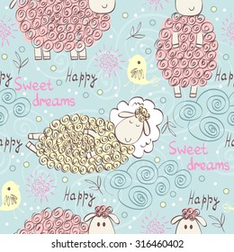 Cartoon sheeps. Cute Hand Drawn  seamless pattern