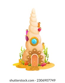 Cartoon shell, underwater house building or undersea home, vector fairy dwelling. Mermaid home in underwater seashell with windows and door, sea and ocean creature fairytale house in coral reef