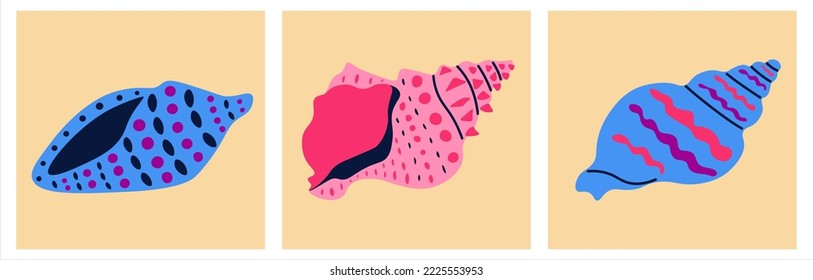 Cartoon shells cards, Underwater posters, bright colorful doodle style aquarium elements, hand drawn seashell square wall art collection. Treasure sea, marine habitats vector set