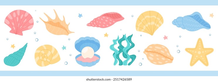 Caricaturas y plantas. Coloridas conchas marinas y coral, algas marinas, pastos marinos bajo el agua establecen la vida acuática de los arrecifes. Flora marina oceánica con estrellas de mar y almejas, iconos de algas. Todos los Elementos.