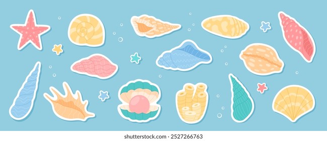 Cartoon shells and sea life. Sticker style colorful seashells, starfish reef underwater marine creatures set in ocean plants. Isolated elements on a blue background.