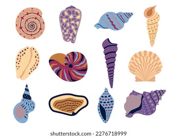 Cartoon shells. Summer ocean animals collection, marine habitats and aquarium bright colorful doodle style objects. Hand drawn treasure sea seashells. Clam and mollusk. isolated set