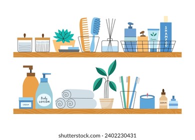 Cartoon shelves with bathroom accessories. Bottles and jars with cosmetics for face and body skin care, brushes, combs, towels, vector set.eps
