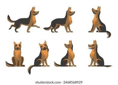 Cartoon shepherd animals with various emotions, funny Cute dog in different poses. flat set of dog. Set of funny pet animals isolated on white background. Dog German shepherd breed sitting. Vector