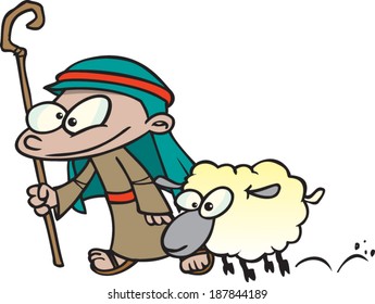 cartoon shepherd boy and a sheep