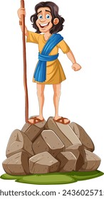 Cartoon shepherd boy standing atop a pile of rocks