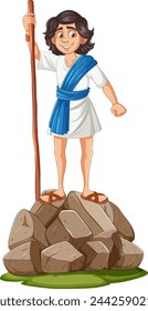 Cartoon shepherd boy standing on a pile of rocks