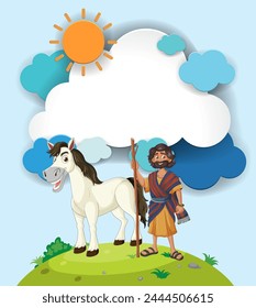 Cartoon shepherd with horse on a sunny day