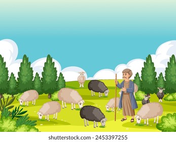 Cartoon shepherd with sheep in a green field.