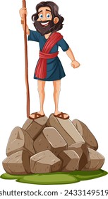 Cartoon shepherd with staff atop a pile of stones