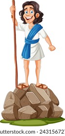 Cartoon shepherd with staff on a pile of stones