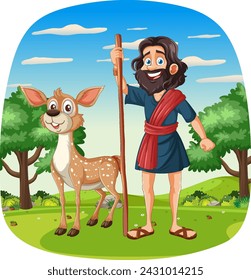 Cartoon shepherd standing with a friendly deer