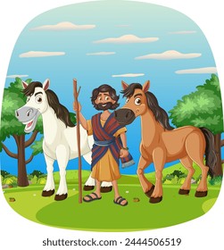 Cartoon shepherd standing with two horses outdoors.