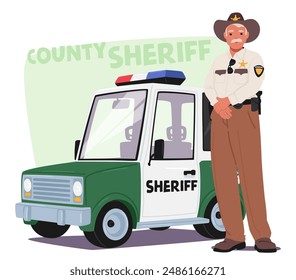 Cartoon Sheriff Character Standing Confidently Beside A Police Car With Green Background. The Image Represents Law Enforcement, Police Authority, And Public Safety. Cartoon People Vector Illustration