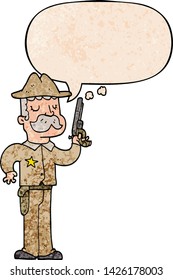 cartoon sheriff with speech bubble in retro texture style