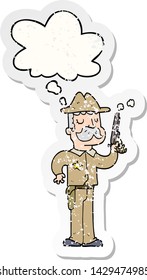 cartoon sheriff with thought bubble as a distressed worn sticker