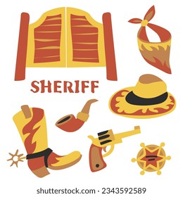 Alguacil de caricatura temática occidental. Un conjunto de placas de la estrella del sheriff occidental, botas de vaquero, sombrero, pipa de fumar, puerta del comisario, bandana, revólver. Protección de la minitarjía de los ciudadanos