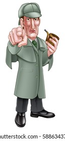 A cartoon Sherlock Holmes style Victorian detective character in deerstalker hat holding a pipe and pointing at the viewer