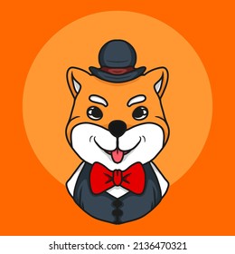 Cartoon Shiba Dog Wear Hat and Butterfly Tie Hand Drawn Vector Illustration for Your Business and Brand