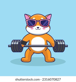 cartoon Shiba Inu character training strength through lifting barbells. cute cartoon Shiba Inu workout activity training. Cartoon Vector workout Icon Illustration. workout Icon Concept Isolated