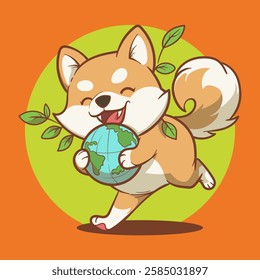 cartoon of a shiba inu dog hugging a globe