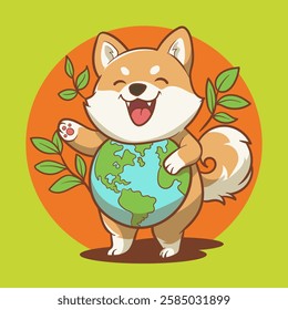 cartoon of a shiba inu dog hugging a globe