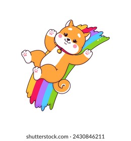 Cartoon Shiba Inu dog on rainbow, cute puppy pet or funny animal, vector kawaii character. Shiba Inu puppy dog riding on rainbow, happy dog emoji in puppy playing fun for baby mascot character