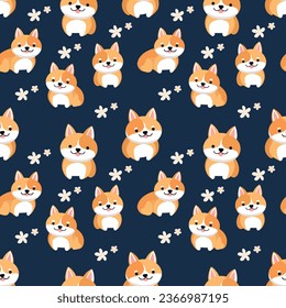 Cartoon Shiba Inu Dog Seamless Pattern on Dark Blue Background. pattern for printing on fabric, clothing, wrapping paper, background for websites and applications.