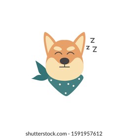 Cartoon shiba inu dog sleeping isolated on white background - animal head with closed eyes taking a nap. Flat icon of Japanese pet face - vector illustration.