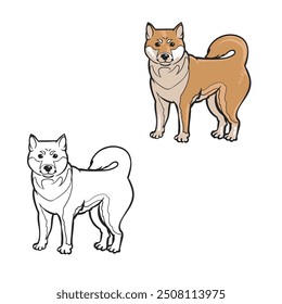 cartoon shiba inu handgezeichnet mit line art style. einfaches Design Umriss Stil und schwarz. Hundevektor-Illustrationen