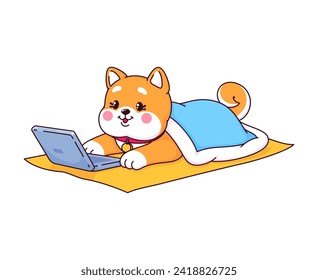 Caricatura Shiba Inu cachorro de perro japonés con laptop, linda mascota kawaii o divertido animal, personaje vector. Perro cachorro Shiba Inu echado en la alfombra con computadora portátil, emoji de perro feliz para personaje de mascota para bebés