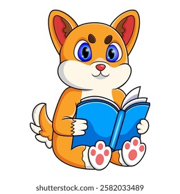 Cartoon shiba inu reading a book