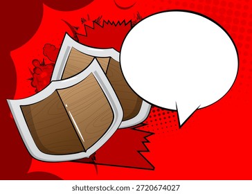 Escudo de la historieta con la burbuja de discurso en blanco, fondo vikingo del cómic. Diseño de arte pop de cómics de Vector retro.