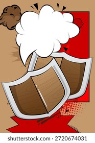 Escudo de la historieta con la burbuja de discurso en blanco, fondo vikingo del cómic. Diseño de arte pop de cómics de Vector retro.