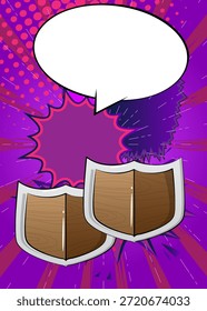 Cartoon Shield com balão em branco, história em quadrinhos viking fundo. Quadrinhos vetoriais retrô com design de arte pop.