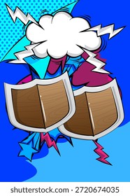 Escudo de la historieta con la burbuja de discurso en blanco, fondo vikingo del cómic. Diseño de arte pop de cómics de Vector retro.