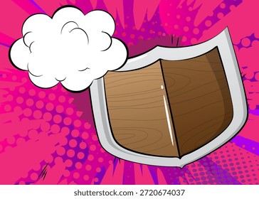 Escudo de la historieta con la burbuja de discurso en blanco, fondo vikingo del cómic. Diseño de arte pop de cómics de Vector retro.