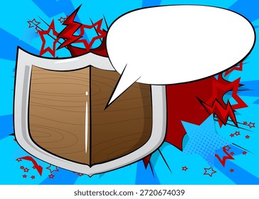 Cartoon Shield com balão em branco, história em quadrinhos viking fundo. Quadrinhos vetoriais retrô com design de arte pop.