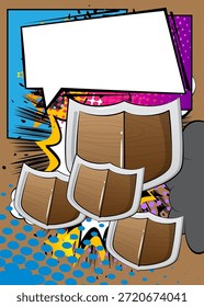 Escudo de la historieta con la burbuja de discurso en blanco, fondo vikingo del cómic. Diseño de arte pop de cómics de Vector retro.