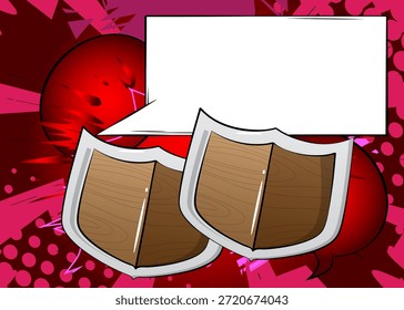 Escudo de la historieta con la burbuja de discurso en blanco, fondo vikingo del cómic. Diseño de arte pop de cómics de Vector retro.