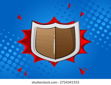 Escudo de dibujos animados, metal de cómic. Diseño de arte pop de cómics de Vector retro.